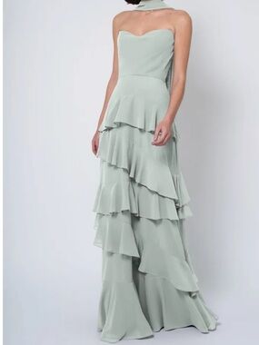 Jenny Yoo Strapless Tiered Ruffle Maxi Dress in Sage Green
